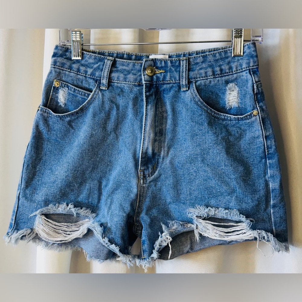 Princess Polly High Rise 11” Ripped Frayed Medium Wash Denim Shorts Size 4